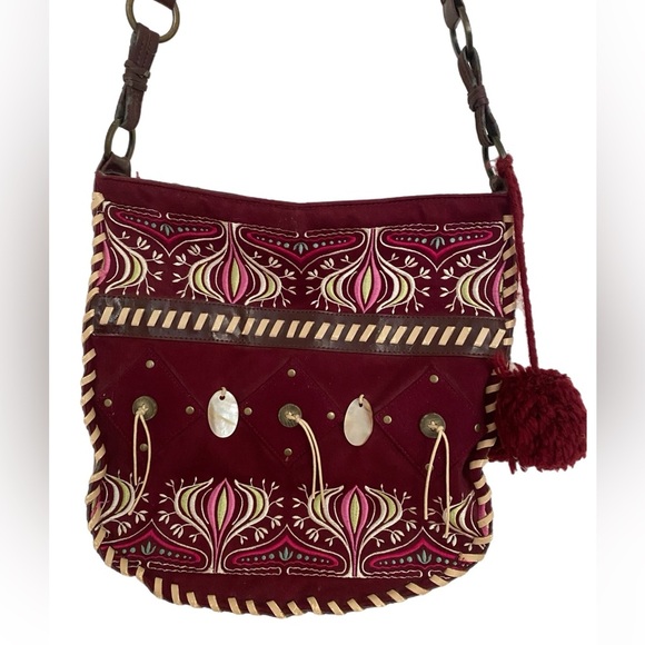 Vintage 90s Oilly Boho Shoulder Strap Suede Hand Embroidered Bag Purse - Picture 1 of 5